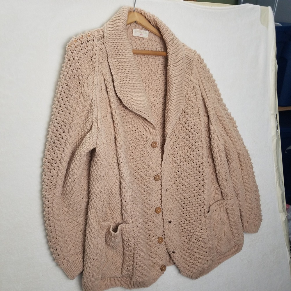 Vintage Knit Cardiganβ Button Chunky Sweater Handmade beige tan pockets button